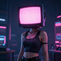 a cyberpunk woman with a head fully replaced by a TV that glows pink