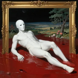 an all white human, with no facial features, like a white mask pulled over their face, full body laying in a blood red pool of water between a golden mirror frame, outside is space and inside the mirror frame is a beautiful landscape., physically accurate, dynamic lighting, intricate, elegant, highly detailed, very very Roberto Ferri, sharp focus, very very unsettling, very terrifying, illustration, art