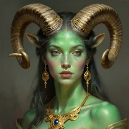 a beautiful woman with a perfect face!!! shiny green iridescent skin, big natural ram horns on her head, bust portrait, gold jewelry, dnd, face, fantasy, intricate, elegant, highly detailed, digital painting, artstation, concept art, smooth, sharp focus, illustration, art by artgerm and greg rutkowski and alphonse mucha