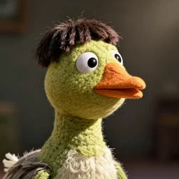 closeup headshot photo of the felt Muppet goose with a goatee and bowlcut