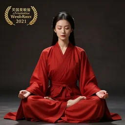 woman meditating in lotus pose in red robe