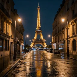 night time view of paris street, rainswept streets, photorealistic, street lights, volumetric lighting,