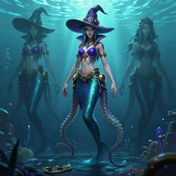 character sheet for a cyberpunk vampire mermaid character in a video game, octopus legs for a tail, witch hat, underwater, 3 d, full body, clothed, detailed, concept art by blizzard entertainment