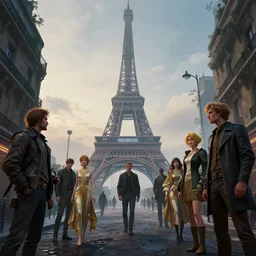 a cyberpunk street with eiffel tower in the background, misty evening, fantasy art, highly detailed matte painting, low angle view, telephoto lens 2 0 0 mm, by stanley artgerm lau, greg rutkowski, thomas kinkade, alphonse mucha, loish, norman rockwell, artstation