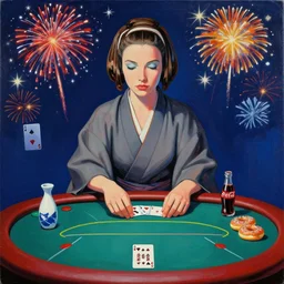 single man in a japanese kimono, sitting at an extremely detailed poker table with the detailed princess leia, sake, coca cola, donuts, on the table, fireworks and stars on the background, by andy warhol, by roy liechtestein, canvas, acrylic paint, cool color palette, masterpiece, 4 k, ultra - hd