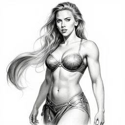 , wide angle lens, 3 5 mm, muscular scarlett johansson, d & d, fantasy, intricate, pencil and ink, black and white, elegant, highly detailed, futuristic city landscape, artstation, concep art, smooth, sharp focus, illustration, art by artgerm and greg rutkowski and alphonse mucha, afro samurai anime style, manga