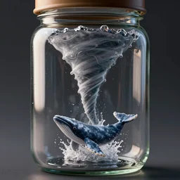a octane render of violent tornado inside a jar, a tiny whale jumping out of the jar, close - up studio photo, lighting path traced, highly detailed, high quality, hyper - realistic, max accurate,
