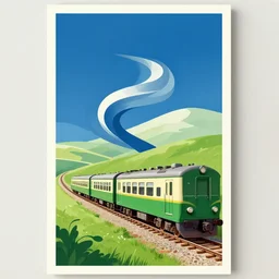 blue and green train in the country, vintage poster, moebius style,