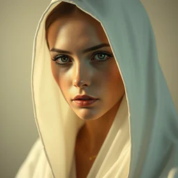russian icone portrait masterpiece ultrarealistic ultradetailed stefan gesell medium shot, a pure catholic noun woman hooded, wearing a white robe, elegant, lighting, immerse, 2 3 th, special effects makeup, maximalist, glittering, gold, ivory, hyperreal, golden ratio
