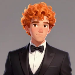 illustration of a short curly orange hair man with tuxedo as a portrait, smooth, reflects, masterpiece artwork, ultra detailed, artgerm, style by pixar, digital art, trending on artstation, behance, deviantart