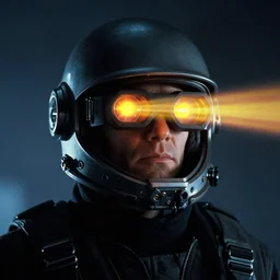 still of the terminator ( 1 9 8 4 ) wearing a futuristic helmet with thermal vision, thermal vision