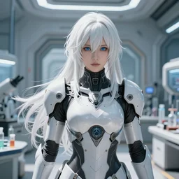 perfect white haired girl, warframe armor, beautiful, dreamy, half asian, pretty face, blue eyes, detailed, sunny day, scifi platform, front lit, laboratory, experiment, 4 k, ultra realistic, epic lighting, cinematic, high detail, masterpiece, by masayoshi tanaka, akihiko yoshida, kazuya takahashi
