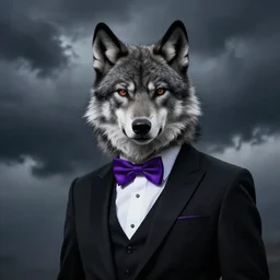 portrait of a black and white anthropomorphic werewolf wearing a purple bow tie and a black suit with stormy weather in the background by greg rutkowski, realism, dark fantasy, trending on artstation