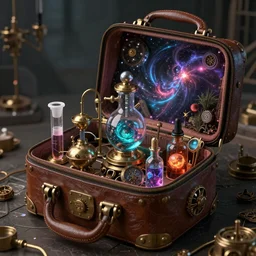 in a cyberpunk steampunk futuristic setting  a surreal ancient doctor's bag open with test tubes, stills and ampoules inside that contain universes, space storms and alien worlds.full of details, hyper realistic, trending on artstation, 8K, HD