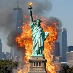 statue of liberty attacking new york, chaos, fire