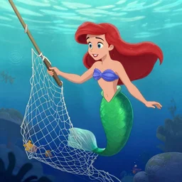 mermaid ariel caught in a fishing net disney hyper detailed