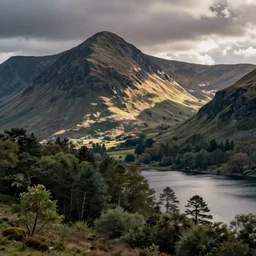 mountains, trees, and lake, in the style of beatrix potter