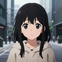 anime visual, portrait of a young black haired girl wearing hoodie on the detailed modern city street background, cute face by yoh yoshinari, katsura masakazu, studio dramatic lighting, zoom out, ilya kuvshinov, cel shaded, crisp and sharp, rounded eyes, bright daylight moody