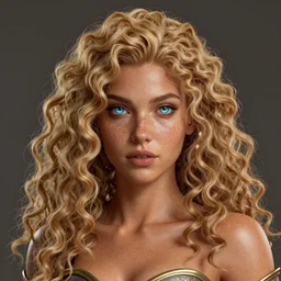 complex 3 d hyper realistic smooth ultra sharp render of a gorgeous paladin woman | sunkissed tan skin, curly dirty blonde hair, freckles, luminescent eyes | d & d, medieval, fantasy | art by oh jinwook + 吵 集 仁 儿 on artstaion + takeshi obata + alphonse mucha