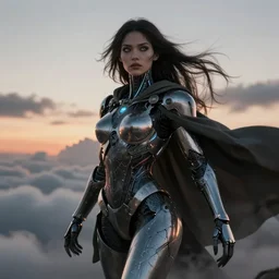 a diabolical epic beautiful female cyborg girl, cloak on the wind, adaptive armor, dynamic pose, heavy eyes to the side, by navanh chanthara, glowing veins and cracks, in clouds, sunset, portrait, by gerald brom, by mikhail vrubel, by peter elson, muted colors, extreme detail, reflections, trending on artstation, 8 k