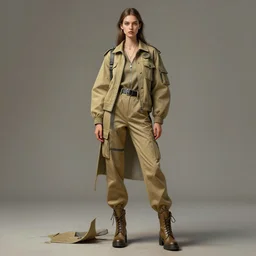 fashion design illustration of a slender young woman wearing a khaki outfit, ultra-detailed maximalist and dramatic fullbody female painting by igor goryunov inspired by andrei riabovitchev. Rendered by binx.ly 8k. Generative art. Tools used: Blender Cinema4d Houdini3d zbrush. Unreal engine 5 Cinematic. Beautifully lit. No background. artstation. Deviantart. CGsociety.