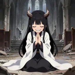 cute japanese girl with small horns, sharp and pointy vampire teeth, dressed in an old white coat, praying on the floor of a destroyed church, with her eyes and mouth closed and an evil smile, full body, complex artwork by Takehito Harada