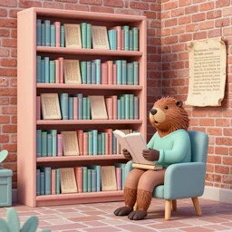 bookshelf, beaver podcast interview, brick streets, ancient manuscripts, a reader in a chair, nordic pastel colors, 3 d art, digital illustration, perfect lighting