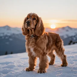 a english cocker spaniel on a snowy mountain, photo realistic, well detailed, with a sunset