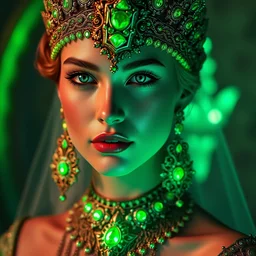 photo of wonderful princess of emerald with fair skin, glowing, ornate and intricate green jewelry, jaw dropping beauty, eyepopping colors, dynamic lighting, glowing background lighting, green accent lighting, photorealistic, hyper detailed, award winning photography, 4 k octane render