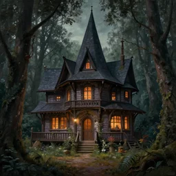 hyper realistic witch cottage rococo in the woods moody lighting, highly detailed, painting by zdzisław beksinski and norman rockwell and greg rutkowskiweta studio, and lucasfilm