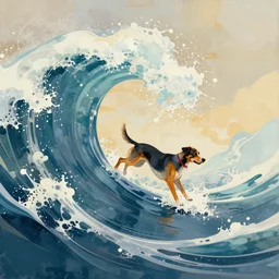abstract wave art based off of emotions with a dog riding the waves