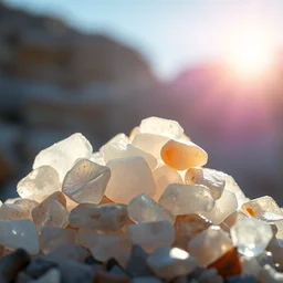 highly detailed realistic photo of transparent stones pile, backlit by sun light, vibrant cool colors, award winning masterpiece photo, hyper realistic, concept art, 8 k detail post - processing