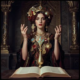 lomography, full body portrait photo of women like reol wearing magical artifacts, in a ornate temple, open books, moody, realistic, dark, skin tinted a warm tone, light blue filter, hdr, rounded eyes, detailed facial features, dark red gold black, alphonse mucha