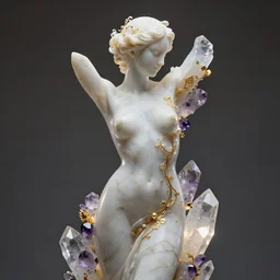 abstract female sculpture made of white marble and amethyst crystals quartz, ethereal lights, fine details, artstation, film still, cinematic photoshooting, luxury, golden filigree, octane render