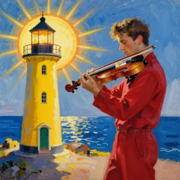 a man in red playing the violin next to a yellow lightinghouse, the sun is shining and the ocean is blue, Painting, Fine Art, Unreal Engine, Wassily Kandinsky