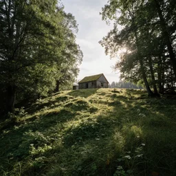 beautiful wooded landscape, wide shot of a small abandoned and mossy cabin on top of a large hill with light shining through the trees in the early morning, global illumination, volumetric shadows, volumetric lighting,