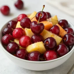 cherries in a fruit salad, photorealistic
