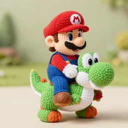 a yarn plush doll of wario riding a yoshi