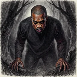 a monster lurks in the shadows, kanye west!!!!, colored pencil drawing, surreal, macabre, grotesque, creepypasta, horror, terror, gothic, digital art trending on artstation