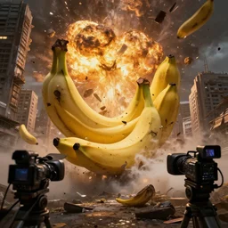 news camera footage of giant bananas falling exploding buildings, dim volumetric lighting, 8 k octane beautifully detailed render, post - processing, portrait, extremely hyper - detailed, intricate, epic composition, natural disaster, apocalypse cinematic lighting, masterpiece, trending on artstation, detailed detailed detailed, masterpiece, stunning