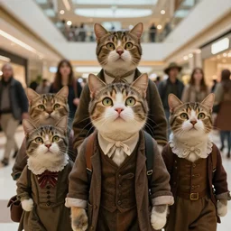 sharp, highly detailed, film from a 2 0 1 9 sci fi 8 k movie, a family of four anthropomorphic cats from 1 8 6 0 travel in time to 2 0 1 9, suddenly appearing in a busy shopping mall, witnesses look confused, family wearing 1 8 6 0 s clothes, atmospheric lighting, in focus, reflective eyes, 3 5 mm macro lens, live action, nice composition