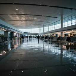 photo of an airport interior, the floor is flooded with one meter deep water. eerie, volumetric lighting. highly - detailed 4 k