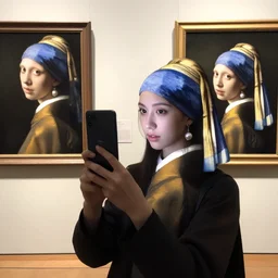 the girl with a pearl earring taking a selfie in an art gallery with a lg stylo 3 smartphone, mood lighting, no flash, breaking the 4th wall, other famous artwork behind her,