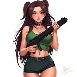 a vtuber model concept art of a beautiful curvy anime girl with an athletic feminine body in a green tank top holding a gun, long hair, oc commission, by gainax studio, tanned body, highly detailed, digital painting, confident pose, smoking cigarette, illustration, trending on artstation, pinterest