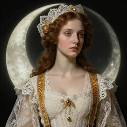 the moon goddess, intricate and detailed lace set, suspenders, honey birdette, realistic renaissance portrait, highly detailed, digital painting, artstation, concept art, smooth, sharp focus, cinematic lighting, art by john collier, artgerm and greg rutkowski and alphonse mucha and jacques louis david