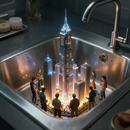 futuristic city standing on the bottom of kitchen sink surrounded by stainless steel kitchen sink by ross tran, thierry doizon, craig mullins, ilya kuvshinov, artgerm, edward hopper, dan mumford, wlop, rutkovsky, carl spitzweg, moebius, unreal engine 5, lumen, nanite