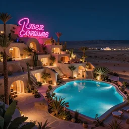 terraced architecture cyberfunk hotel in the dessert, many plants and infinite pool, night view, cinematic, cyberfunk neon sign