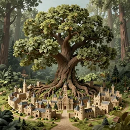 a matte painting of a gigantic oak tree in the middle of a forest. in the foreground, a miniature sprawling medieval city is build between the tree roots.