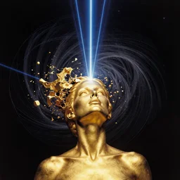 a golden woman 2/3 portrait, in space, head breaking apart and spiraling geometry into the sky upwards, 3 point perspective, lazer beaming down to top of her head, by james jean, by frank frazetta, by roger dean, by syd mead