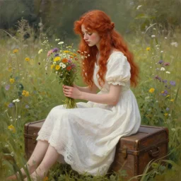 a beautiful intricate oil paint of red haired girl in white dress sitting on wooden trunk in a garden holding a bunch of wild flowers, highly detailed, digital painting, artstation, concept art, matte, sharp focus, 3 d, octane render, well rendered, art by artgerm, by greg rutkowski, by alphonse mucha